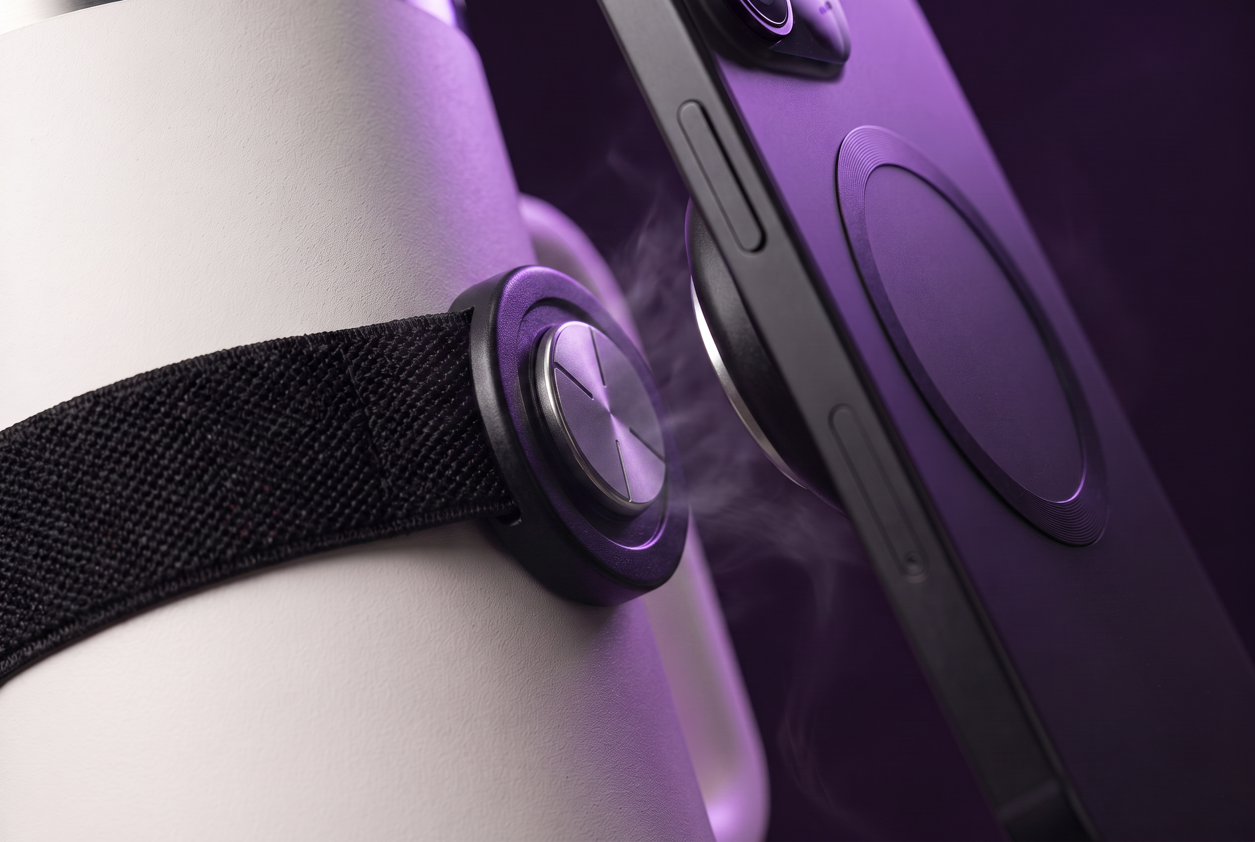 Close-up of the magnetic phone mount on the elastic strap