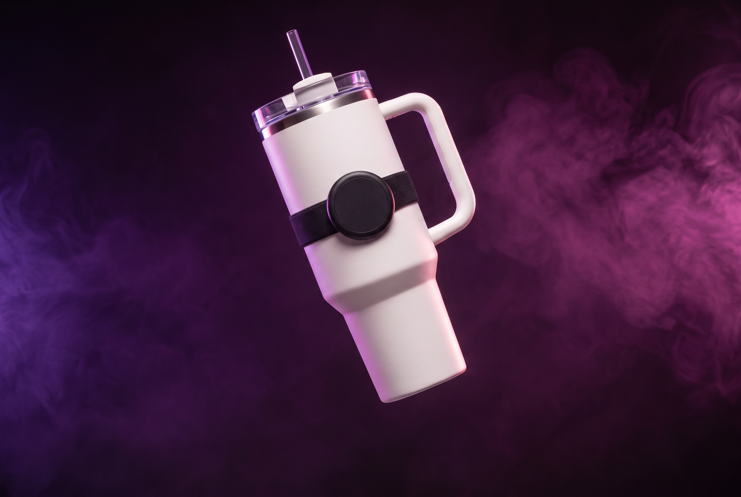 Elastic strap wrapped around a 40oz tumbler with a magnetic phone mount
