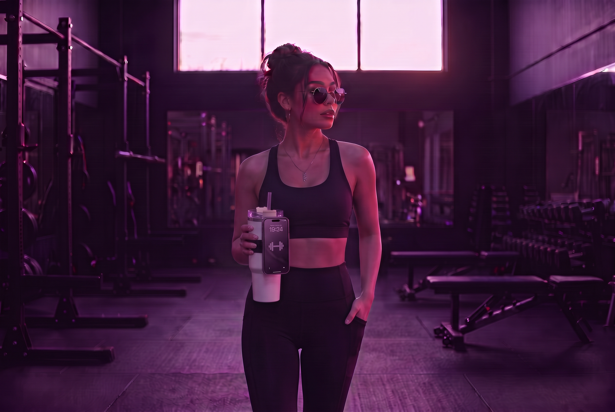 Woman at the gym with her phone mounted on her tumbler strap