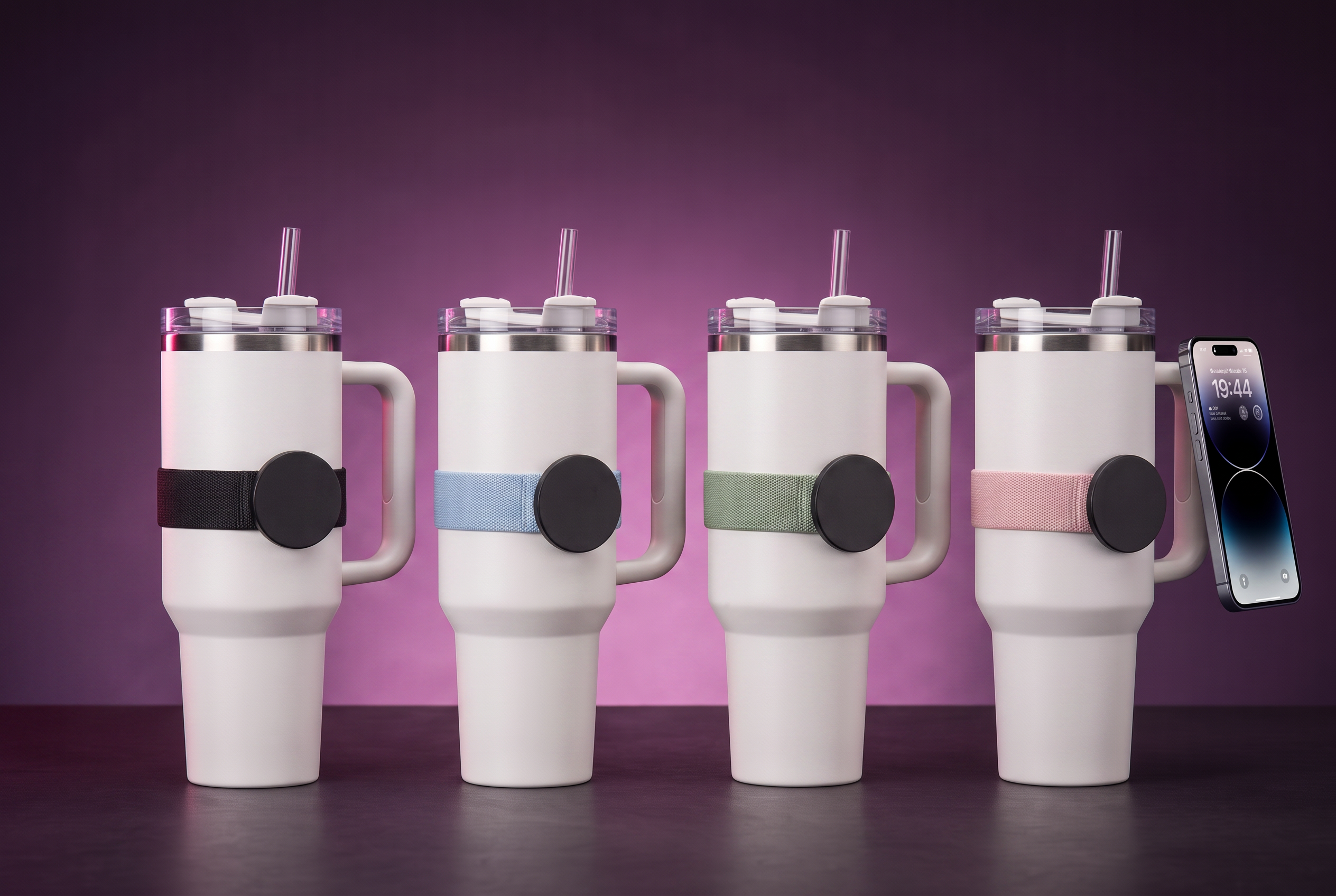 Tumblers in different strap colours, each with the magnetic phone mount